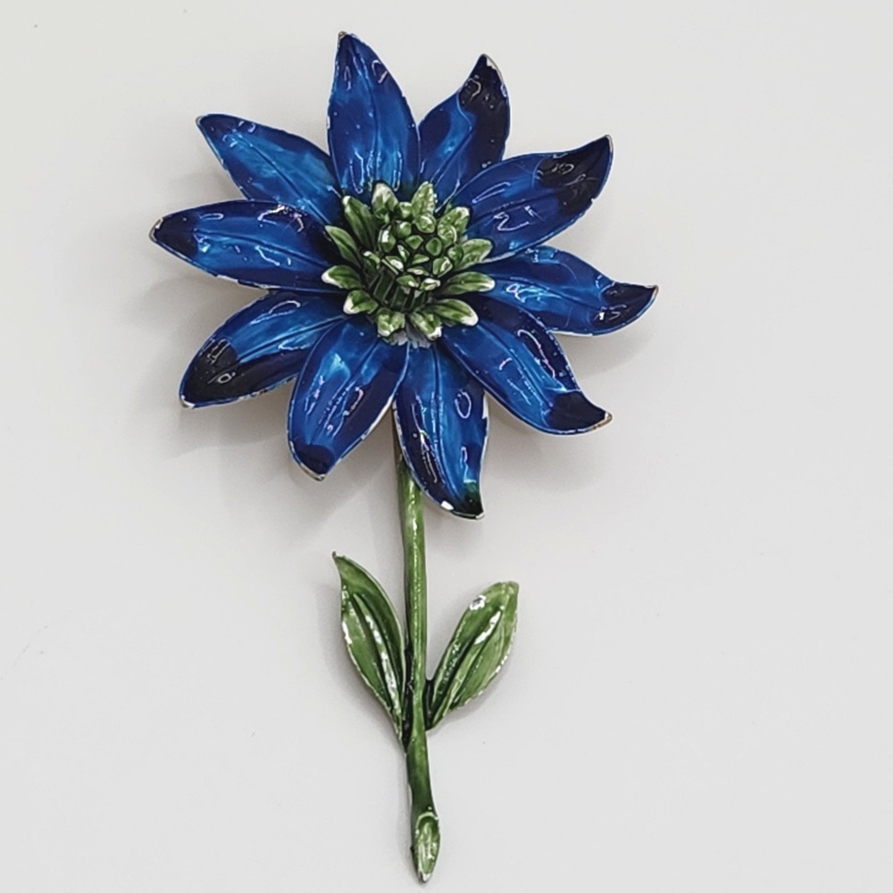Vintage Blue Enamel Flower Brooch Mod Pop Art 60s Long Stem Floral Pin